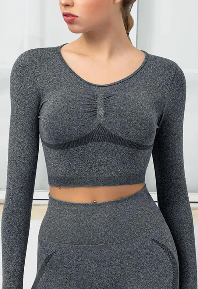 Seamless Folds Stretchy Slim Long Sleeve Crop Top - Terry