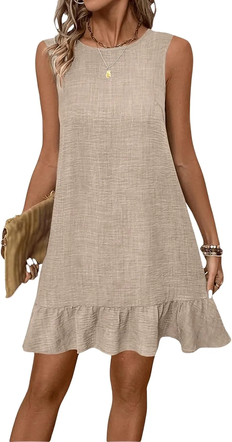 Short Dresses for Women Casual Summer Mini Dress Round Neck Ruffle Smock Business Dresses Tie Backless Sundress Trendy