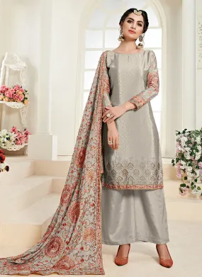 Silverish Grey Traditional Embroidered Palazzo Suit