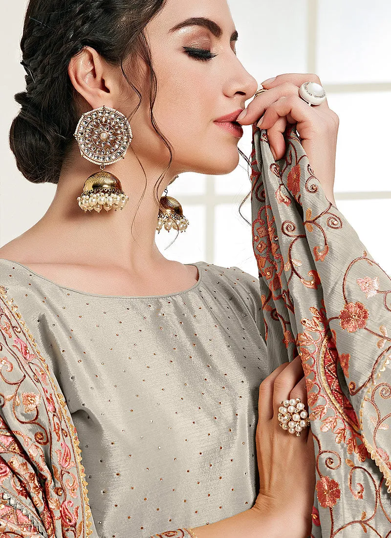 Silverish Grey Traditional Embroidered Palazzo Suit