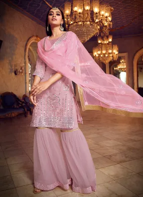 Soft Pink Mirror Embroidered Gharara Suit