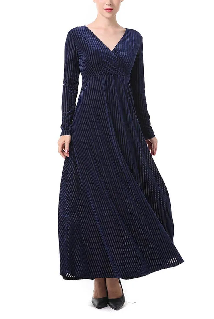 Solid Color Velvet V-Neck Long Sleeve Maxi Dress