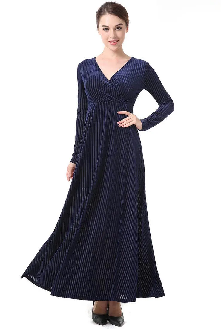 Solid Color Velvet V-Neck Long Sleeve Maxi Dress