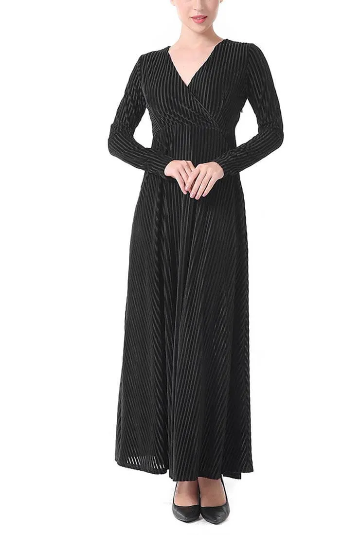 Solid Color Velvet V-Neck Long Sleeve Maxi Dress