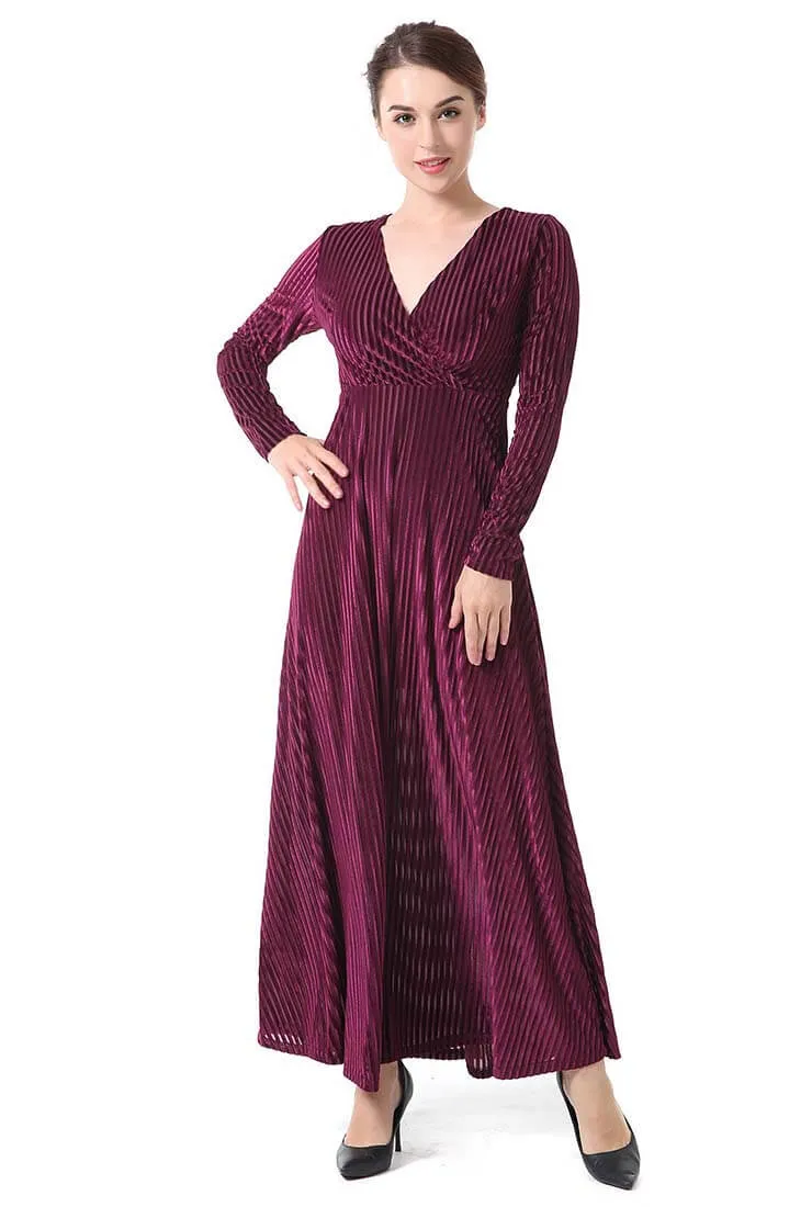 Solid Color Velvet V-Neck Long Sleeve Maxi Dress