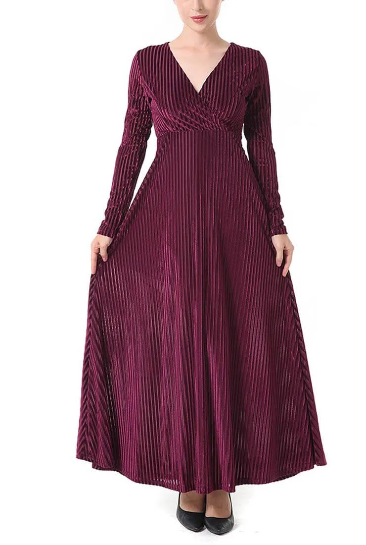 Solid Color Velvet V-Neck Long Sleeve Maxi Dress