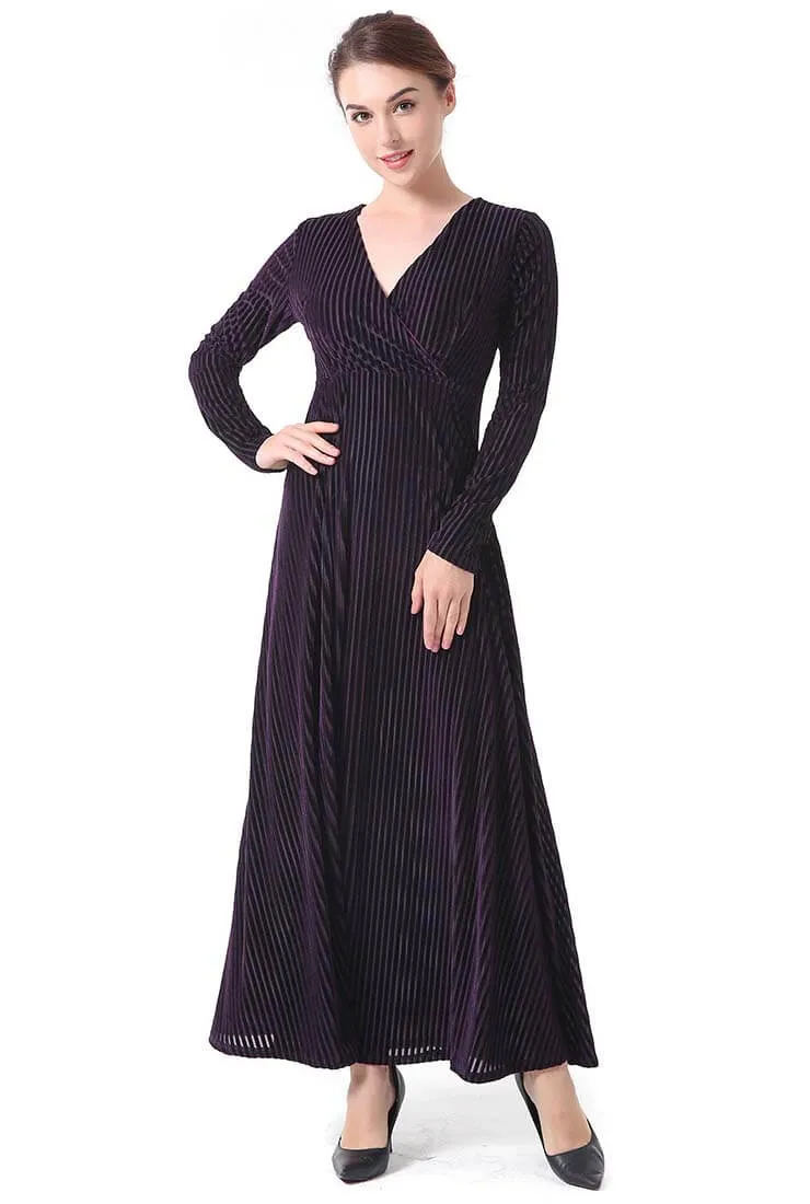Solid Color Velvet V-Neck Long Sleeve Maxi Dress