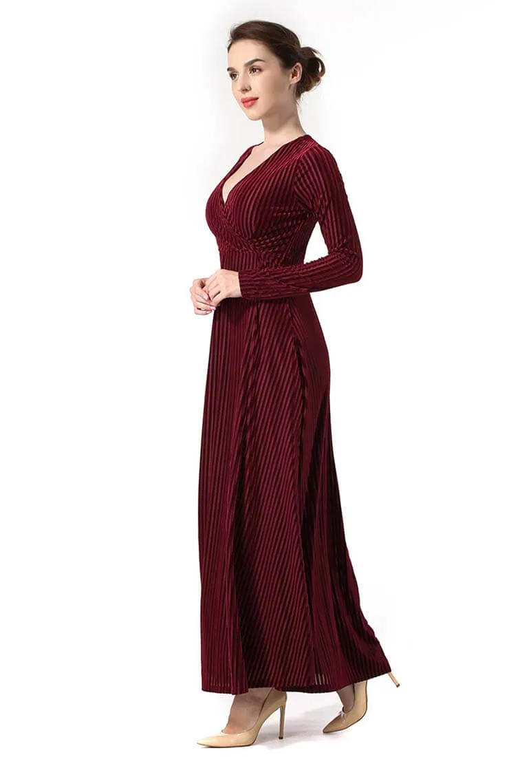 Solid Color Velvet V-Neck Long Sleeve Maxi Dress