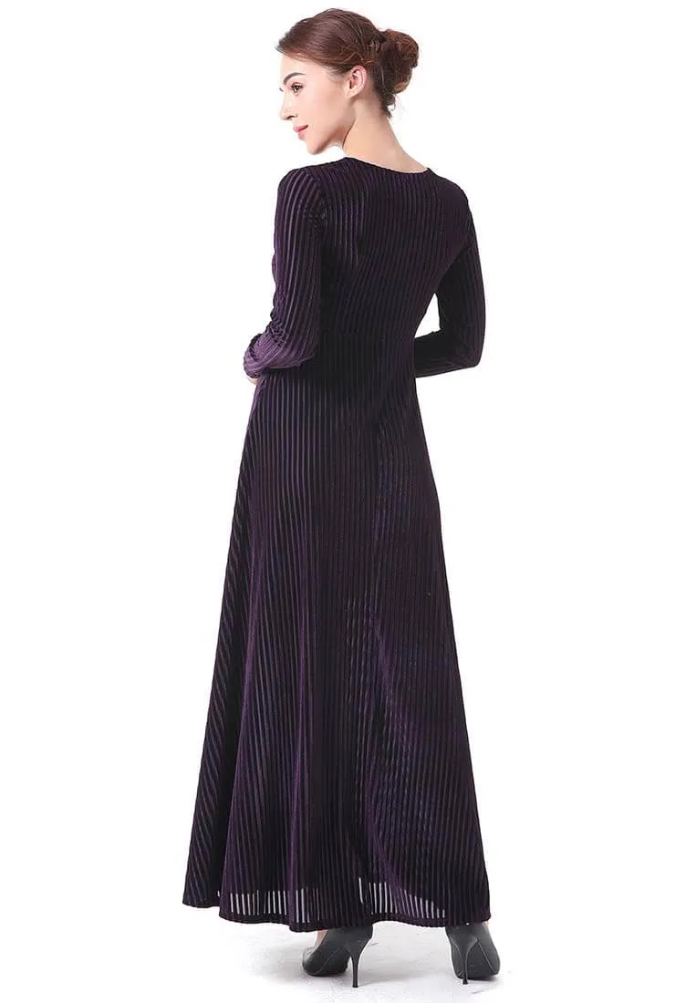 Solid Color Velvet V-Neck Long Sleeve Maxi Dress