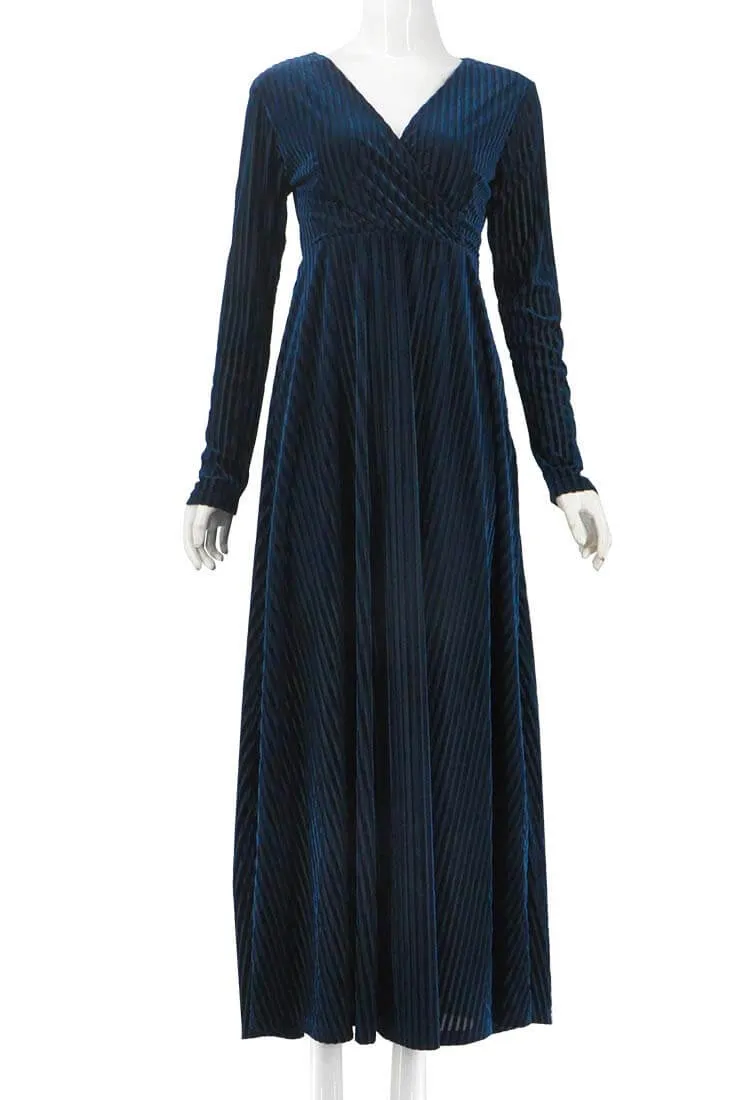 Solid Color Velvet V-Neck Long Sleeve Maxi Dress