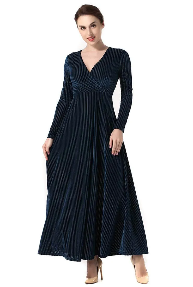 Solid Color Velvet V-Neck Long Sleeve Maxi Dress