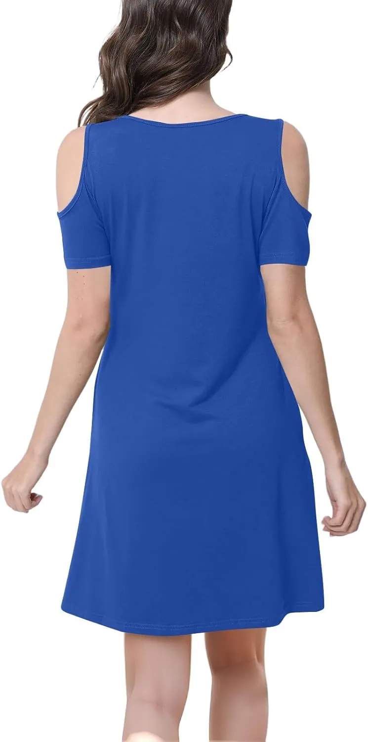 Summer Dresses for Women 2025 Scoop Neck Cold Shoulder Short Sleeve Mini Dress Casual Short Sundress with Pocket