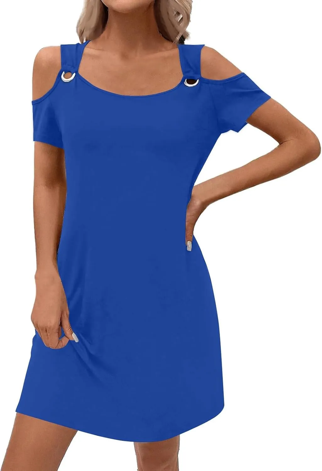 Summer Dresses for Women 2025 Scoop Neck Cold Shoulder Short Sleeve Mini Dress Casual Short Sundress with Pocket