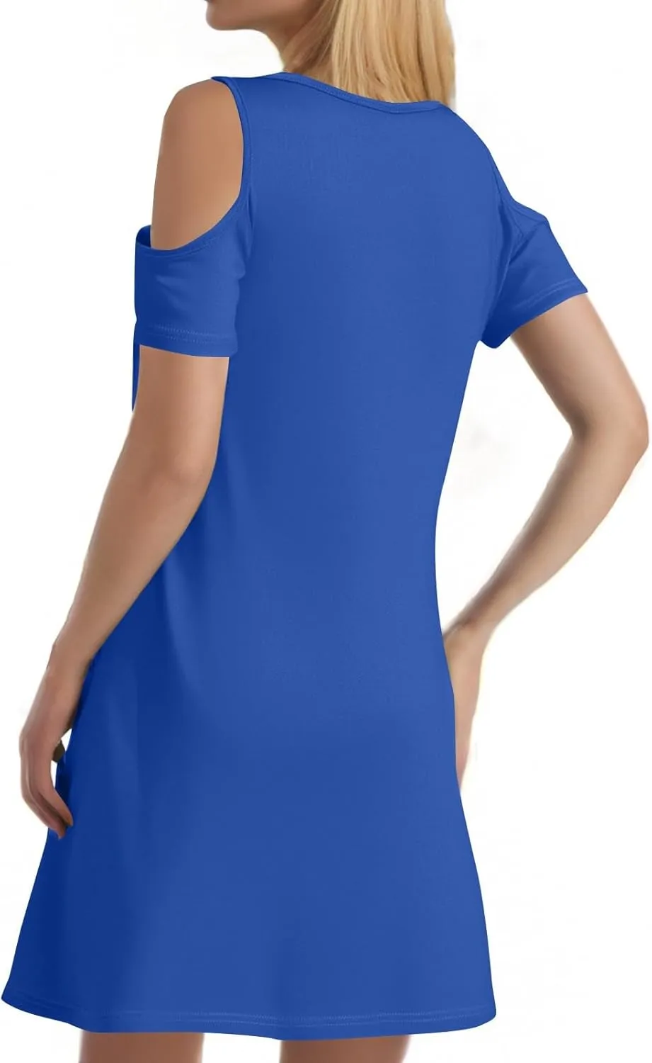 Summer Dresses for Women 2025 Scoop Neck Cold Shoulder Short Sleeve Mini Dress Casual Short Sundress with Pocket