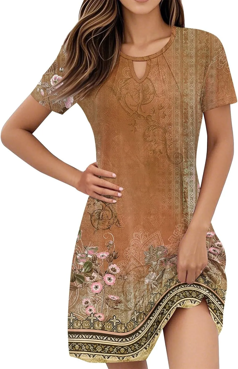 Summer Dresses for Women Causal Floral Plisse Mini Dress Sexy Keyhole Neck Empire Waist Short Sleeve Distressed Sundress