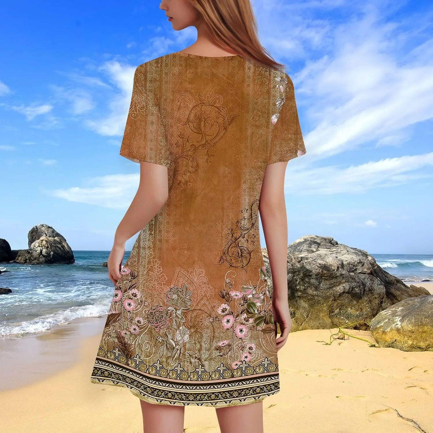 Summer Dresses for Women Causal Floral Plisse Mini Dress Sexy Keyhole Neck Empire Waist Short Sleeve Distressed Sundress