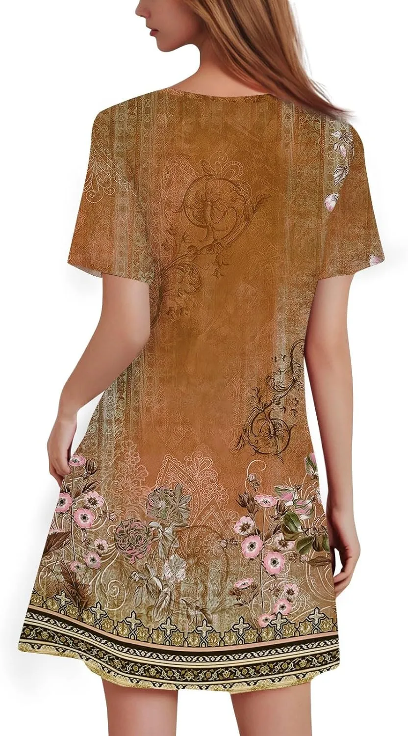 Summer Dresses for Women Causal Floral Plisse Mini Dress Sexy Keyhole Neck Empire Waist Short Sleeve Distressed Sundress