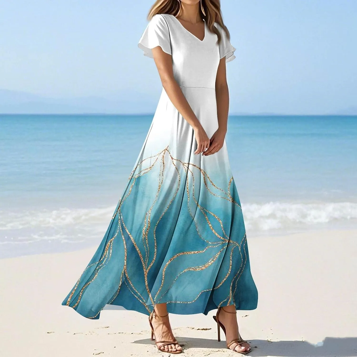 Summer Dresses for Women Elegant V-Neck Short Sleeve Long Maxi Dress Solid/Floral Printed Cocktail Party Dresses