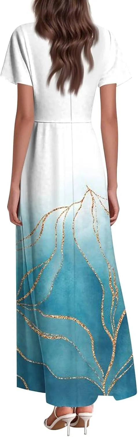 Summer Dresses for Women Elegant V-Neck Short Sleeve Long Maxi Dress Solid/Floral Printed Cocktail Party Dresses