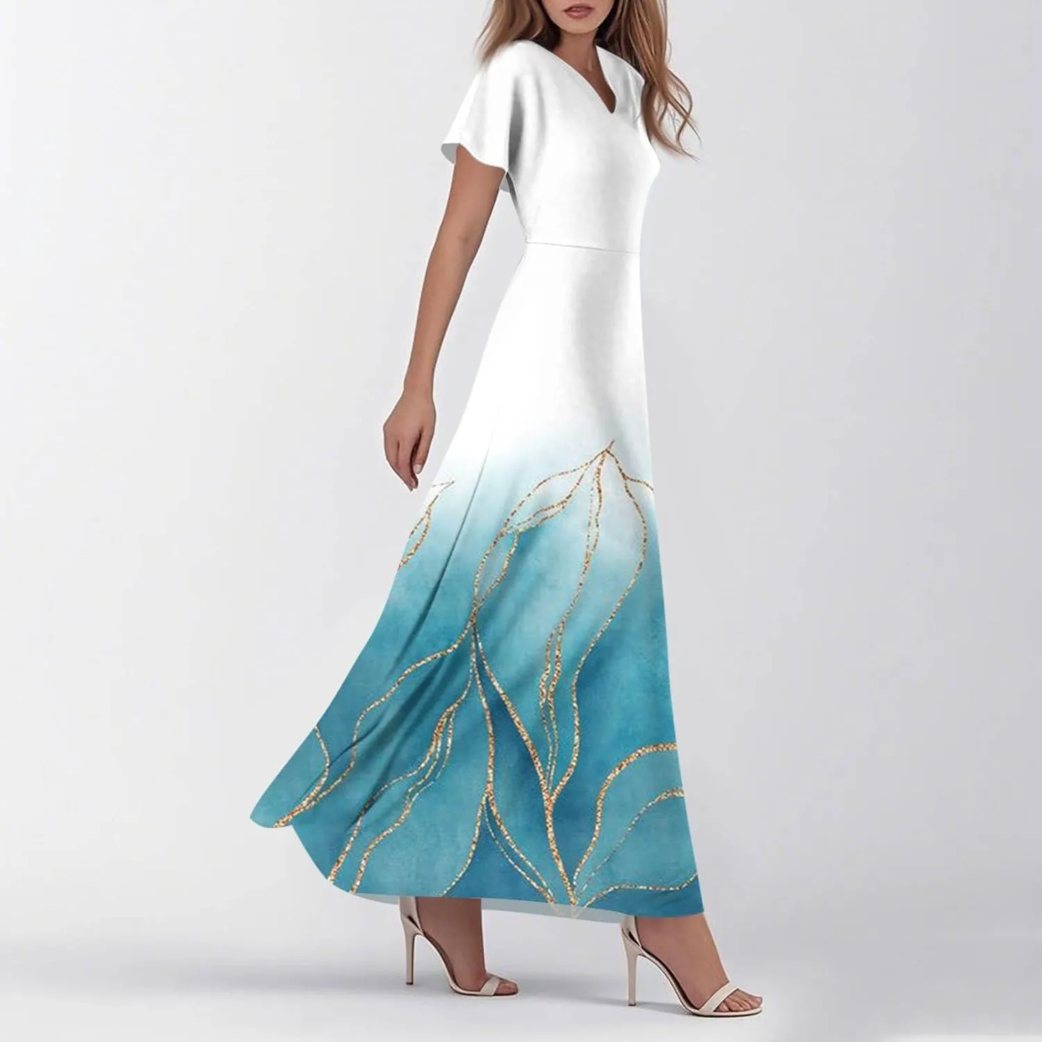 Summer Dresses for Women Elegant V-Neck Short Sleeve Long Maxi Dress Solid/Floral Printed Cocktail Party Dresses