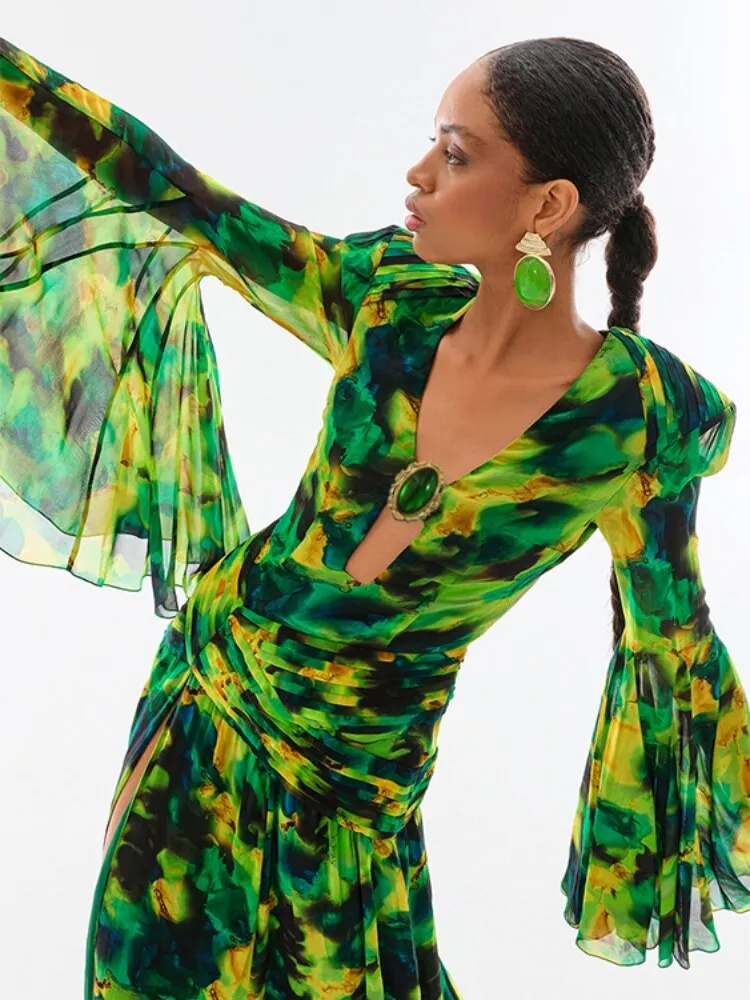 Summer Forest Printed Long Sleeve Maxi Dress Sexy V Neck Hollow Out Backless Print Split Long Dresses Elegant Party Club Evening