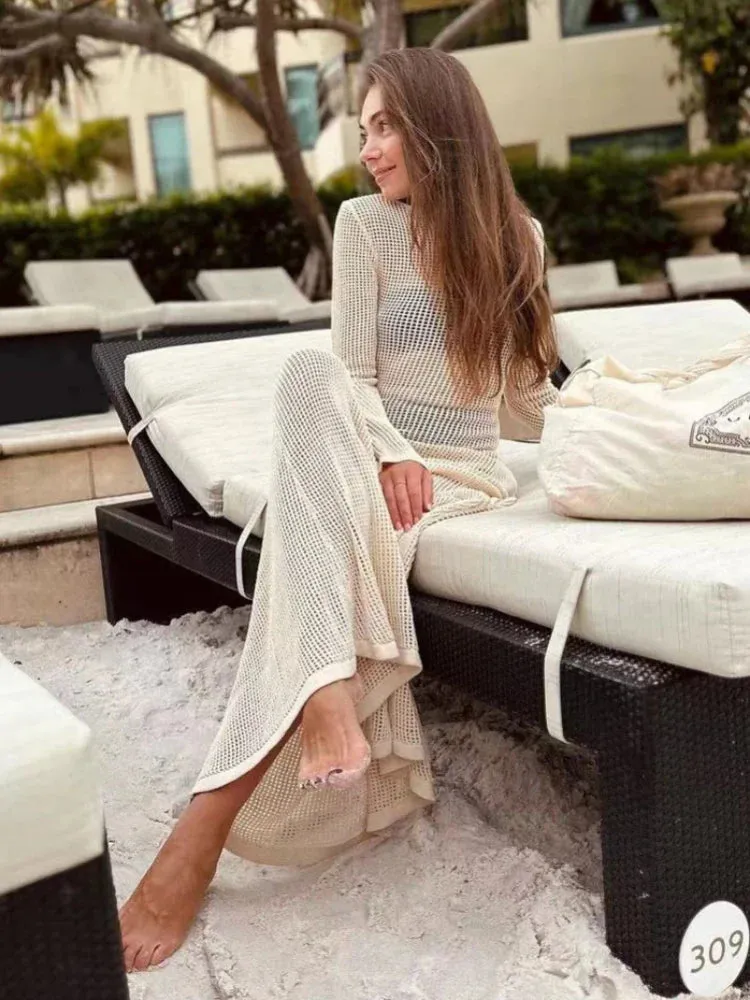 Summer Knitted Hollow Out See Through Long Sleeve Club Party Maxi Dress