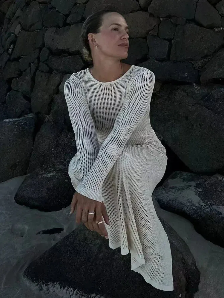Summer Knitted Hollow Out See Through Long Sleeve Club Party Maxi Dress
