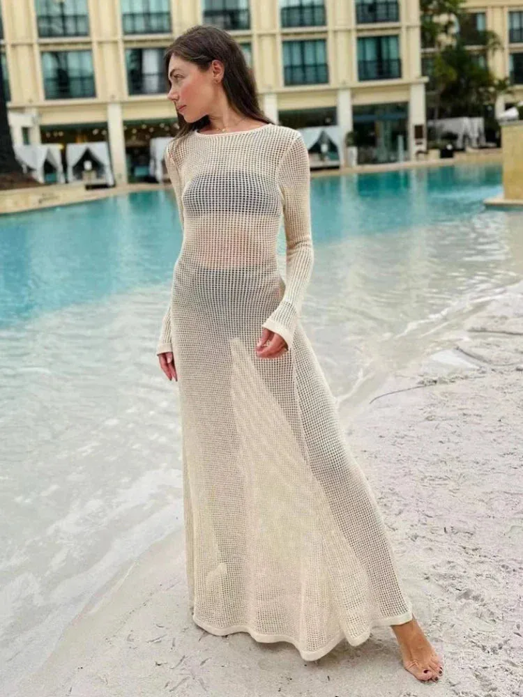 Summer Knitted Hollow Out See Through Long Sleeve Club Party Maxi Dress