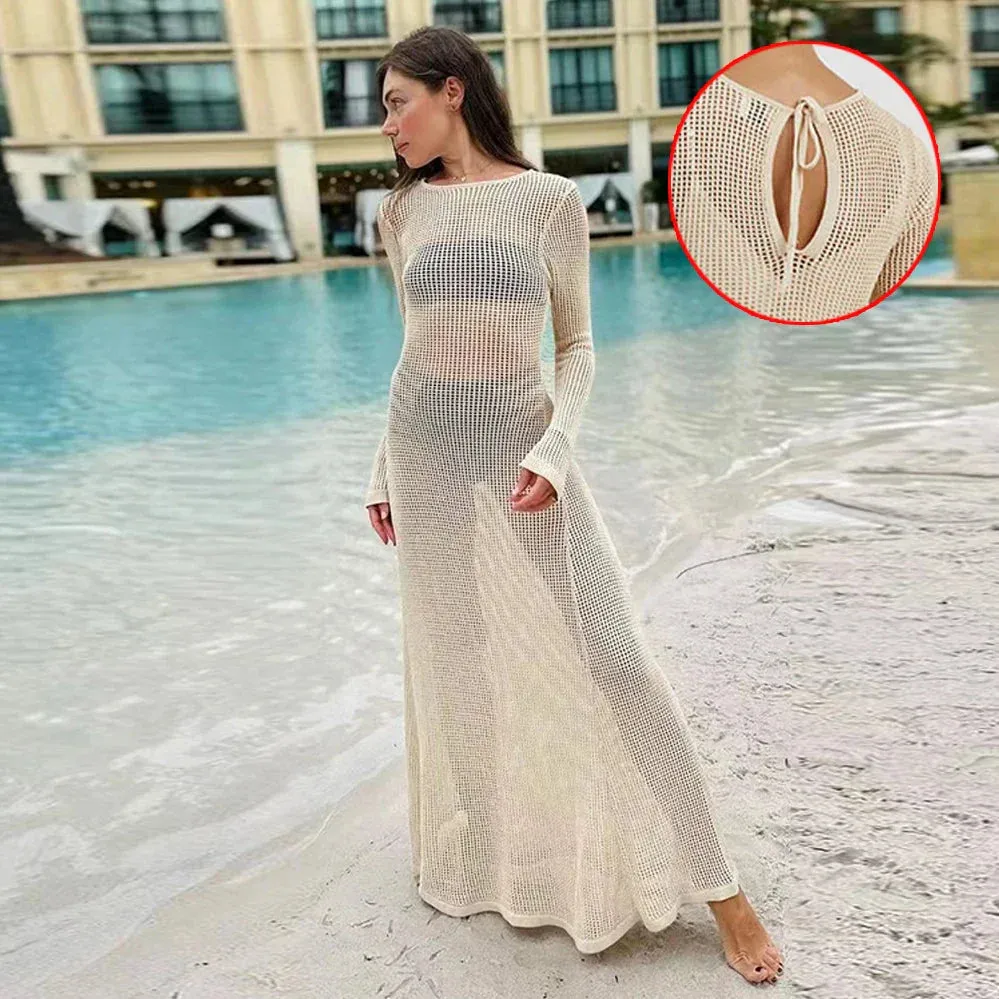 Summer Knitted Hollow Out See Through Long Sleeve Club Party Maxi Dress