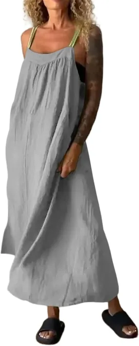 Summer Long Dresses for Women 2025 Linen Sleeveless Dress Loose Flowy Maxi Dress Beach Vacation Sundress Fashion