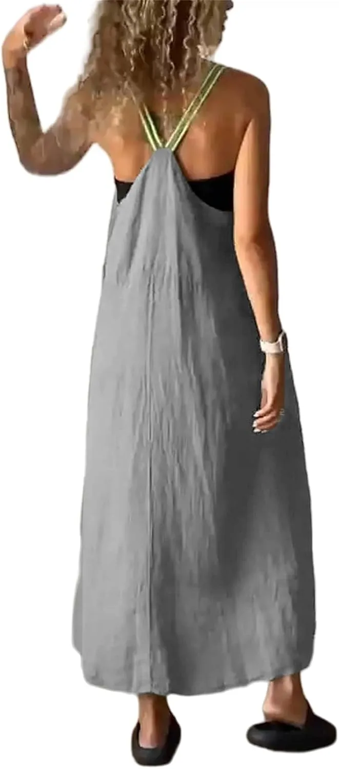 Summer Long Dresses for Women 2025 Linen Sleeveless Dress Loose Flowy Maxi Dress Beach Vacation Sundress Fashion