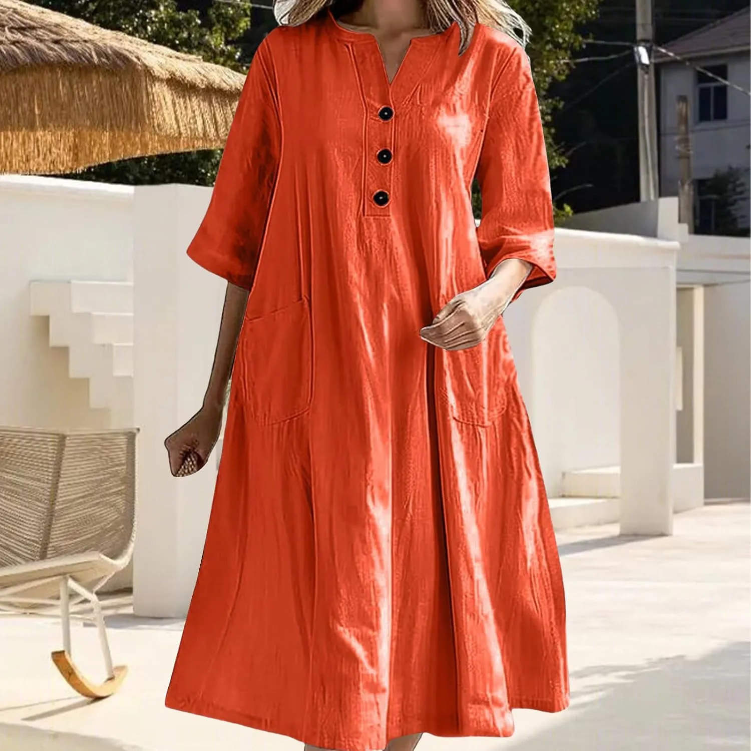 Summer Maxi Dresses for Women Cotton Linen Tshirt Dress Casual V Neck A Line Dresses Flowy Beach Sundress with Pockets
