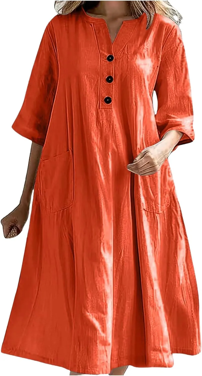 Summer Maxi Dresses for Women Cotton Linen Tshirt Dress Casual V Neck A Line Dresses Flowy Beach Sundress with Pockets