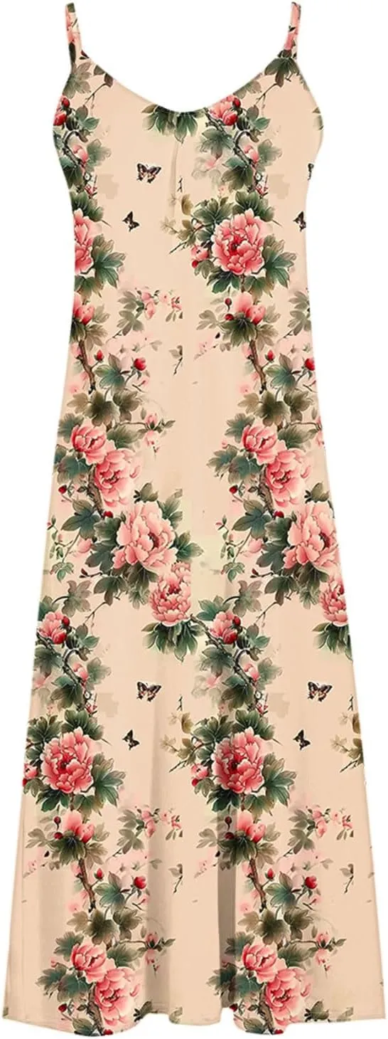 Summer Maxi Dresses for Women Spaghetti Strap Dress Fashion V Neck Floral Print Sundresses 2025 Beach Vacation Outfit