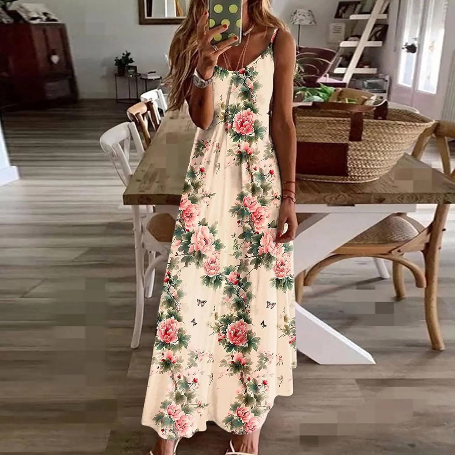 Summer Maxi Dresses for Women Spaghetti Strap Dress Fashion V Neck Floral Print Sundresses 2025 Beach Vacation Outfit