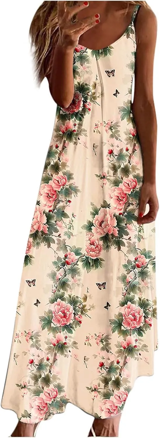 Summer Maxi Dresses for Women Spaghetti Strap Dress Fashion V Neck Floral Print Sundresses 2025 Beach Vacation Outfit