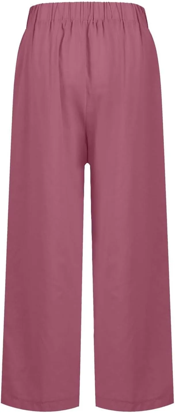 Summer Pants for Women 2024 Casual Dressy Linen Beach Drawstring Capri Crop Pants 2024 Elastic Waist Crop Trousers