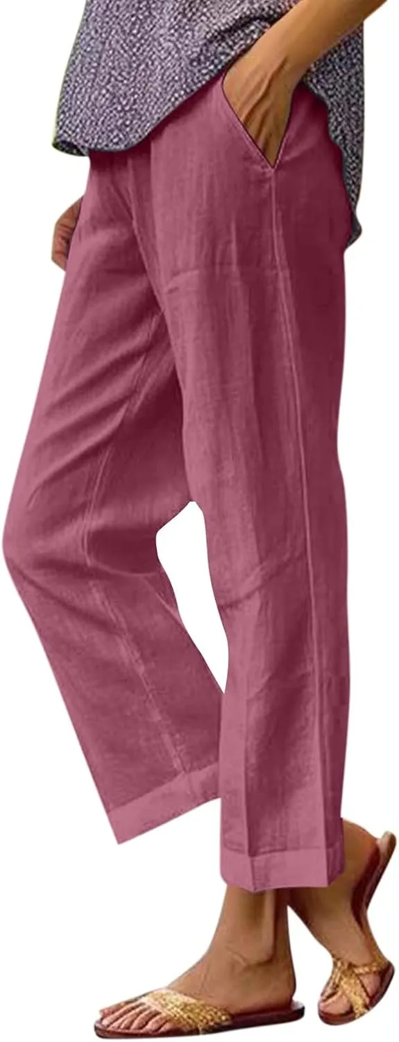Summer Pants for Women 2024 Casual Dressy Linen Beach Drawstring Capri Crop Pants 2024 Elastic Waist Crop Trousers