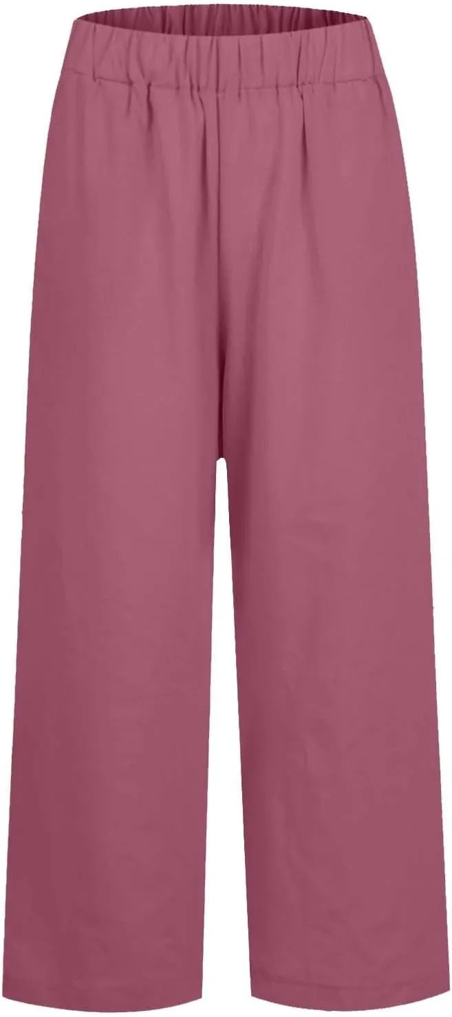 Summer Pants for Women 2024 Casual Dressy Linen Beach Drawstring Capri Crop Pants 2024 Elastic Waist Crop Trousers