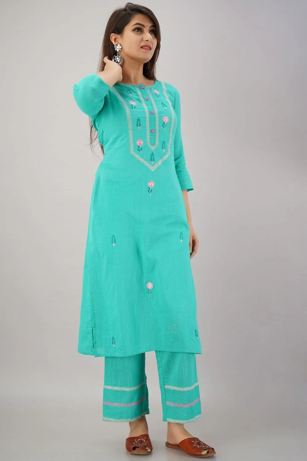 SVARCHI Women's Cotton Slub Embroidered Straight Kurta Palazzo & Dupatta Set (Turquoise)
