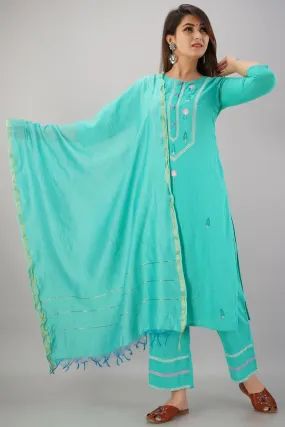 SVARCHI Women's Cotton Slub Embroidered Straight Kurta Palazzo & Dupatta Set (Turquoise)