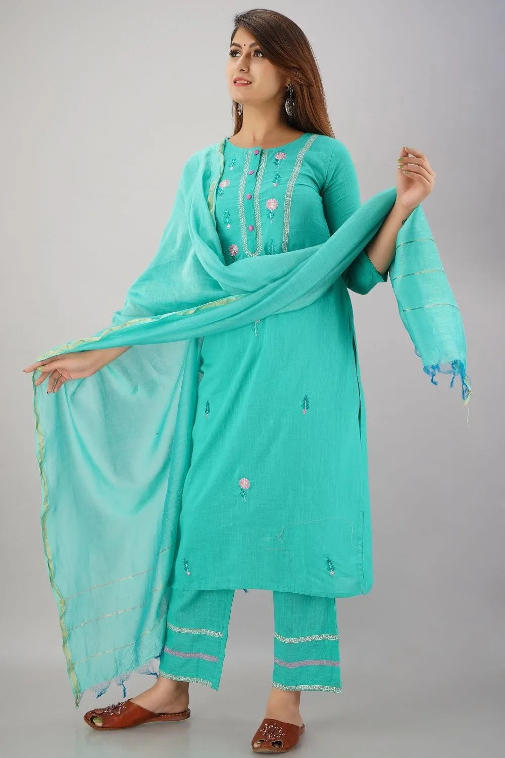 SVARCHI Women's Cotton Slub Embroidered Straight Kurta Palazzo & Dupatta Set (Turquoise)