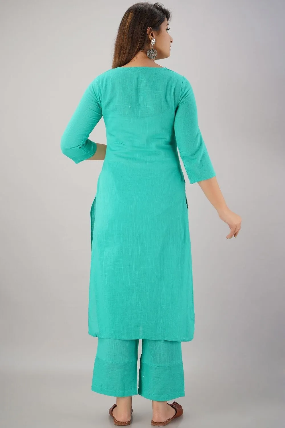 SVARCHI Women's Cotton Slub Embroidered Straight Kurta Palazzo & Dupatta Set (Turquoise)