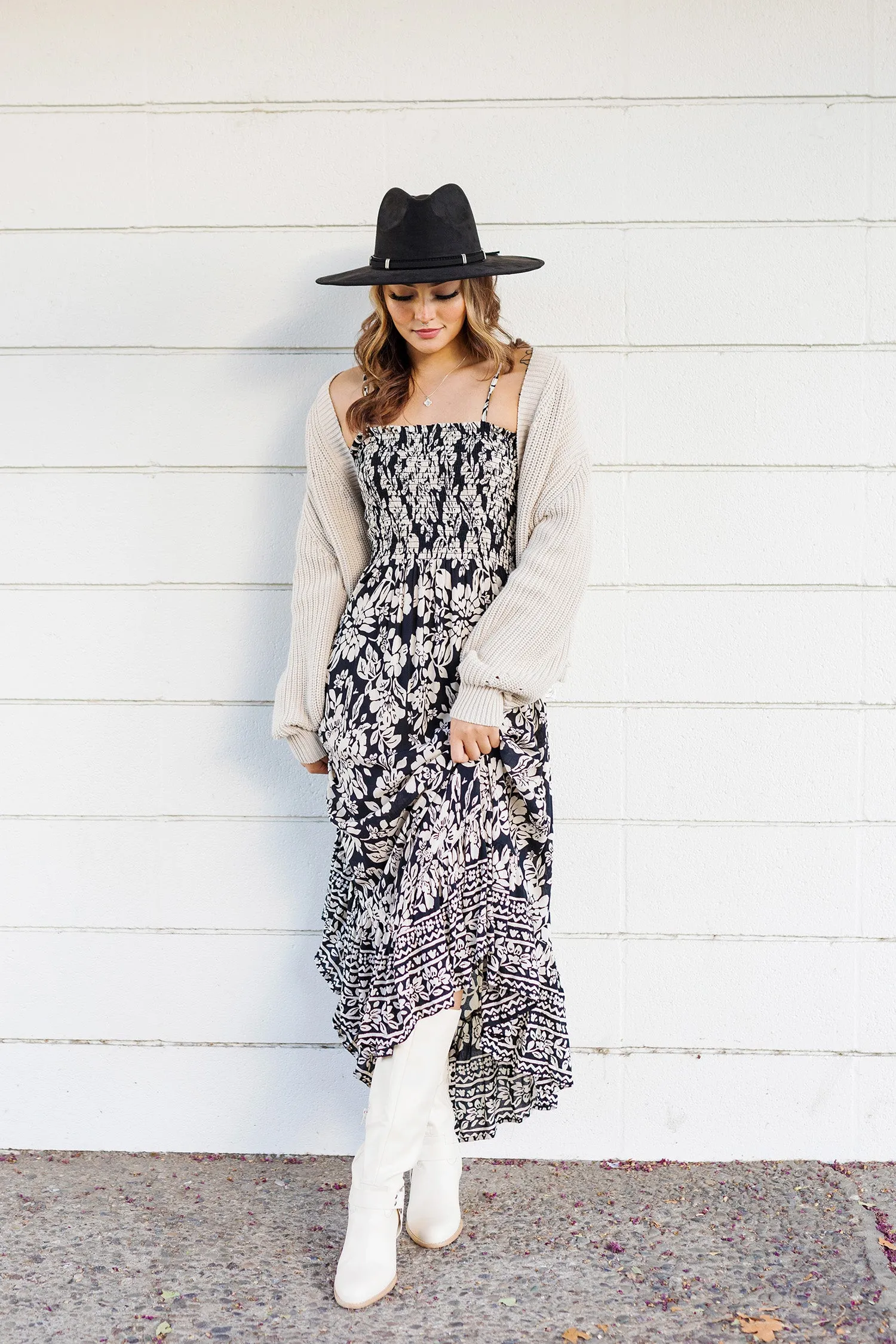 The Giselle Black and Cream Patterned Maxi Dress