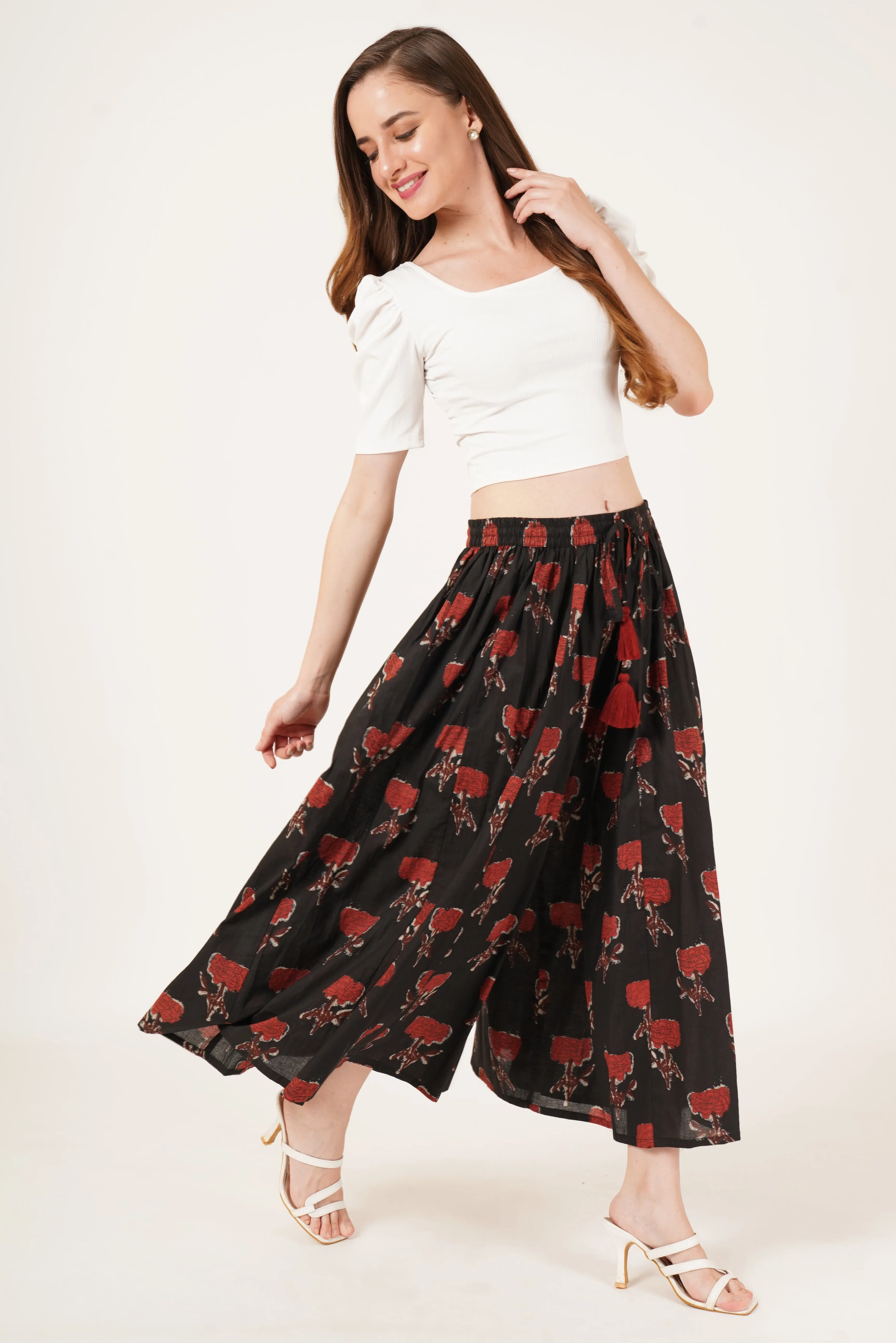 Timeless Black Maroon Rose Print Palazzo for Women