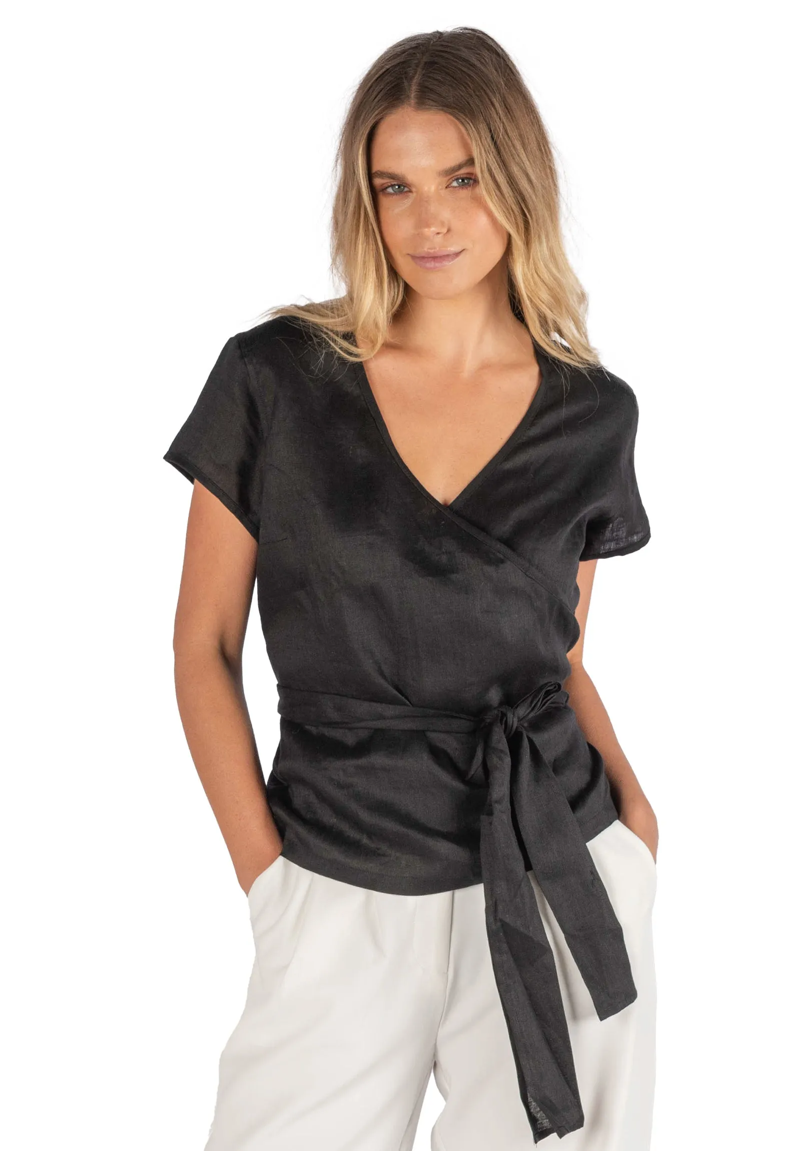Veronica Black Wrap Linen Blouse