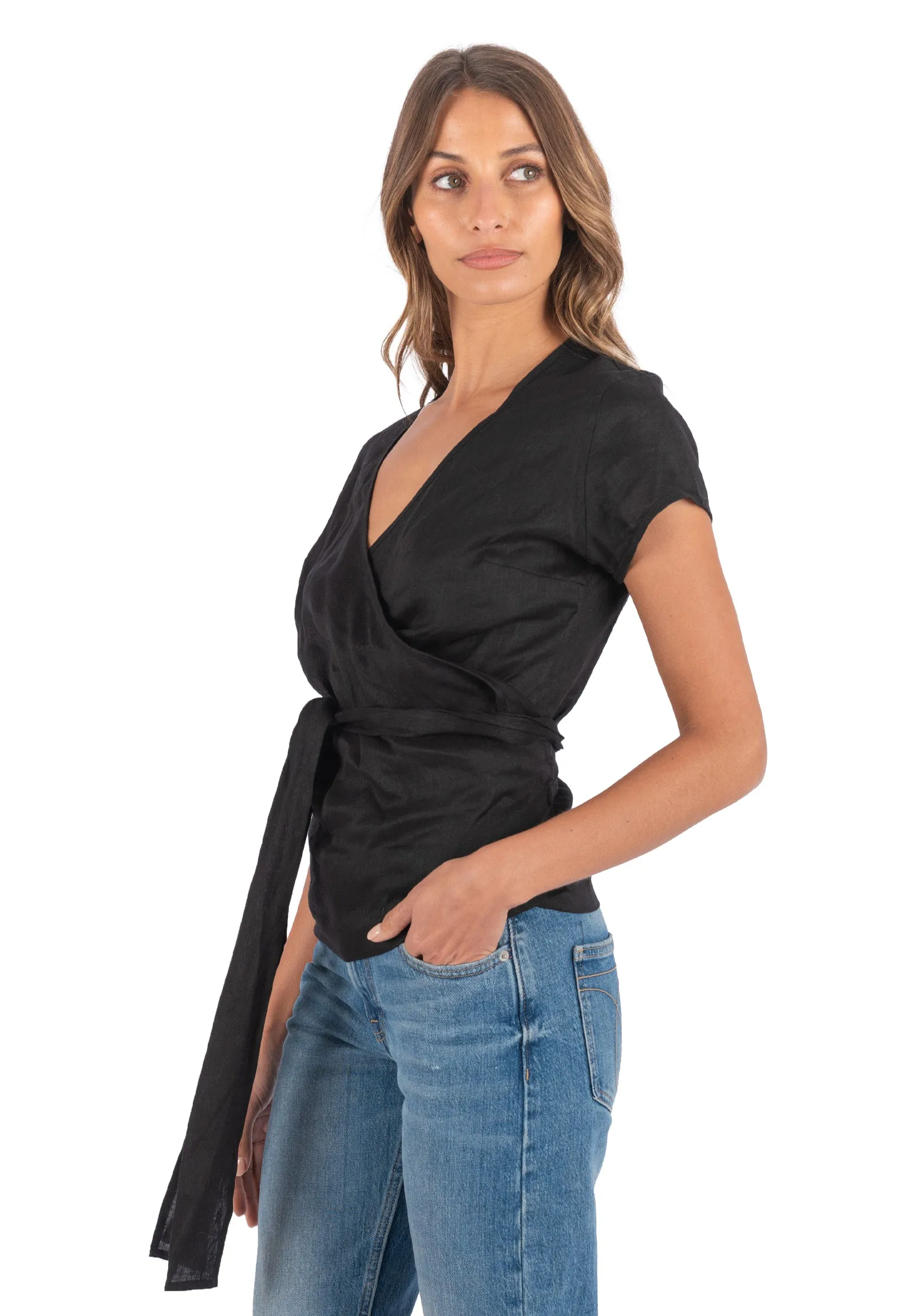 Veronica Black Wrap Linen Blouse