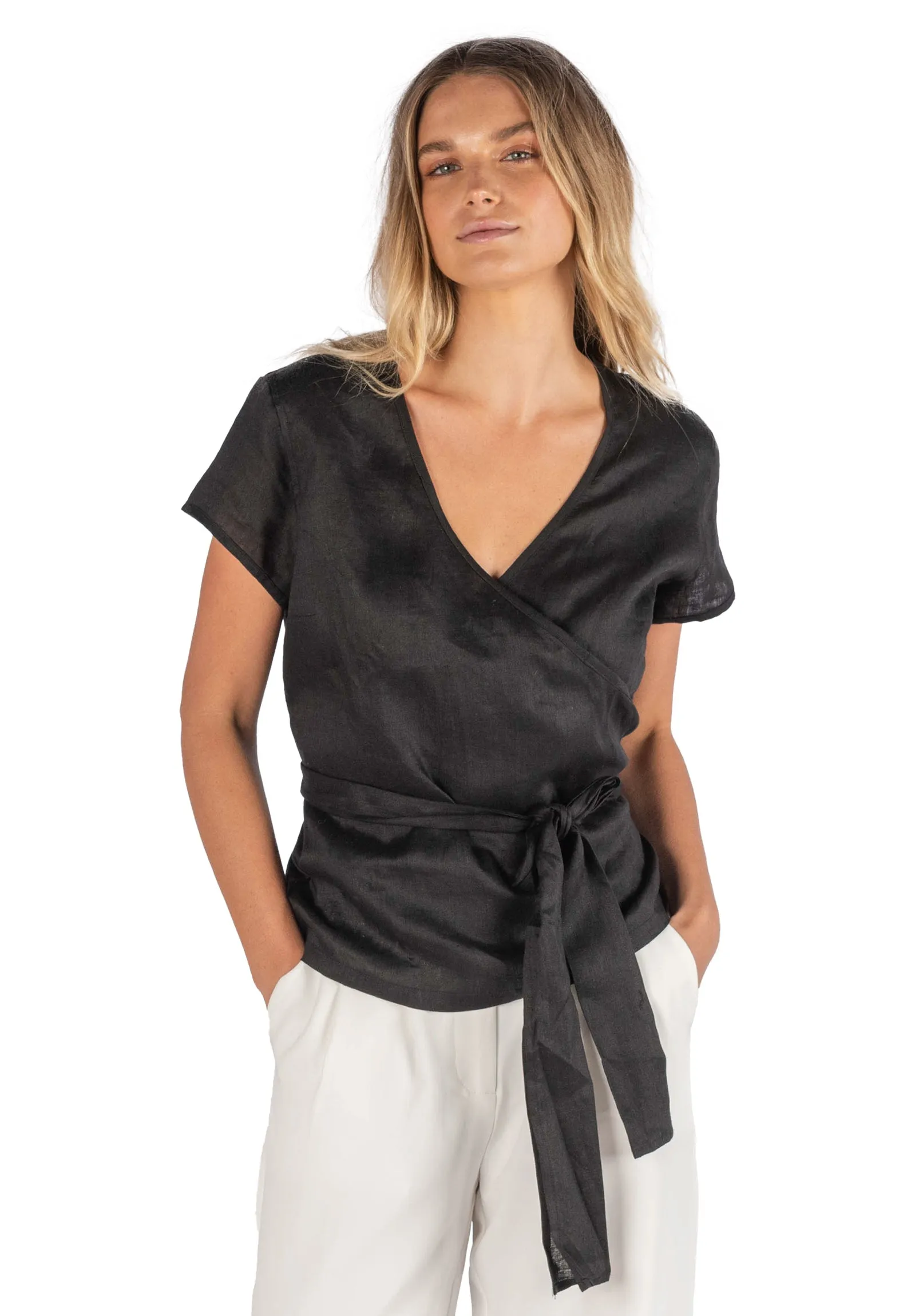 Veronica Black Wrap Linen Blouse