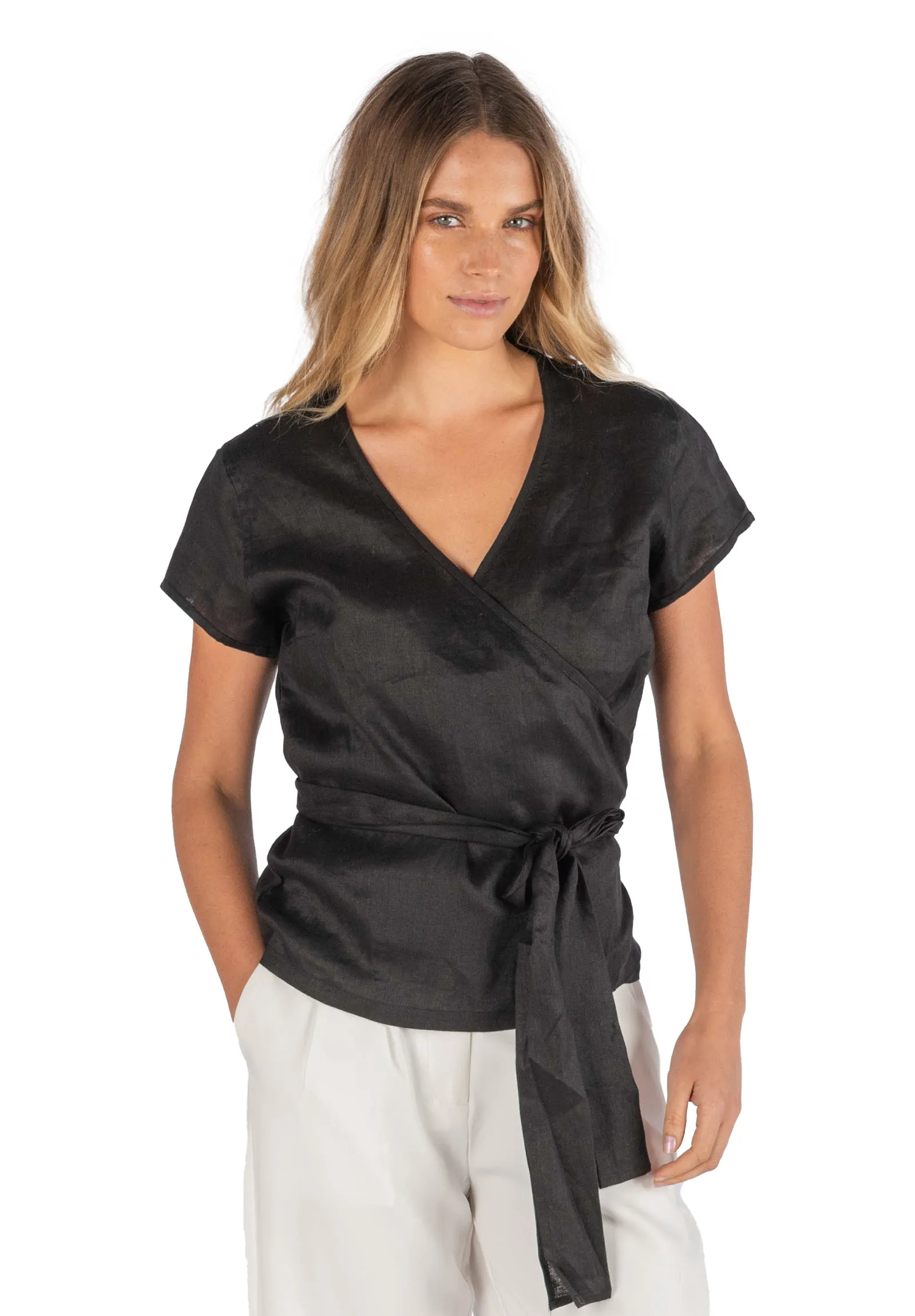 Veronica Black Wrap Linen Blouse