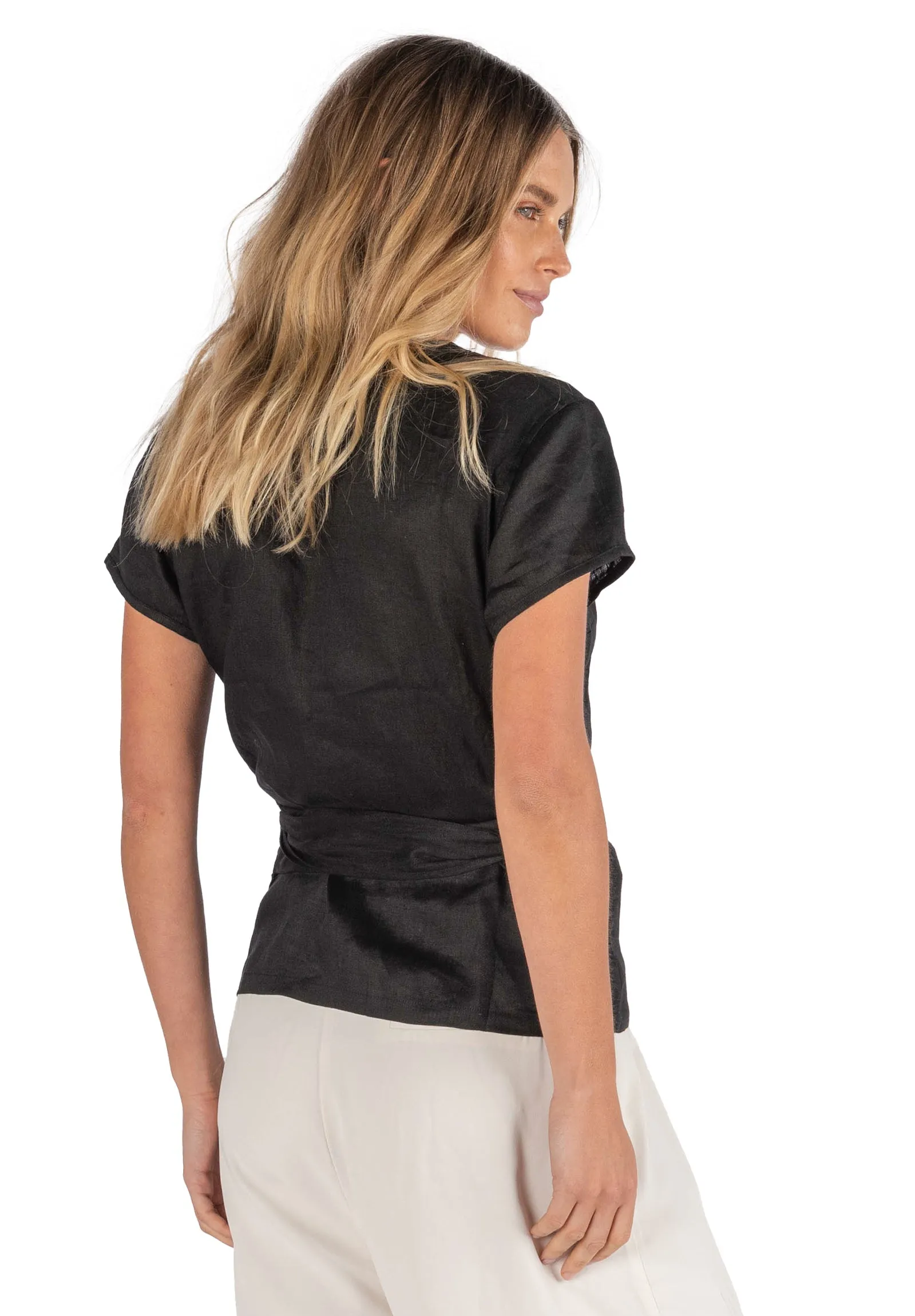 Veronica Black Wrap Linen Blouse